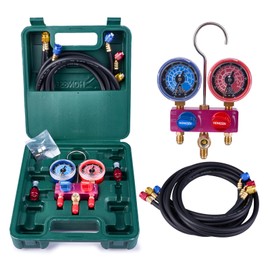 Hong Sen HM2-SM-02-A Mini HVAC Manifold Gauge Set with 5FT Black Hoses, Brass Valve, Metal Knob, Explosion-Proof Lens, and Repair Kit, for R410A, R32, R22, and R134a AC Charging Systems