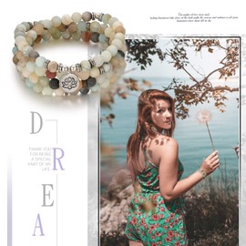 Flongo Beads Gemstone Yoga Bracelet Wrap Bracelet Natural Stone Buddha Buddhist Tibetan Prayer Beads Healing Reiki Mala Chain Necklace with Lotus Pendant, Stone