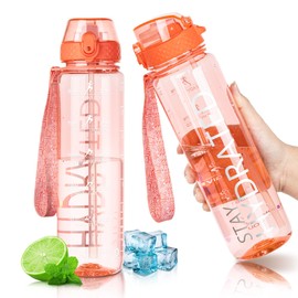 GOPPUS 32 Oz Water Bottle With Straw, Tritan Bpa-free,Wide Mouth Leakproof, Motivational Sports Large Transparent Water Bottles with Time Marker for Gym and Travel,Peach Red