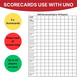 BUSHE Products 5 x Scorecards use with Uno Card Game | Kids Games, Card Games, Travel Games, Family Games, Adult Games, Uno Cards, Game Night