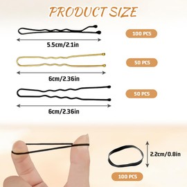 Aucuu 300 pcs Bobby Pins Kit, 100 Middle Waved Hair Pins, 50 Black U Shaped Hair Pins, 50 Gold U Shaped H-air P-ins, 100 Black Elastic Bands, with Storage Box, for All H-air Types