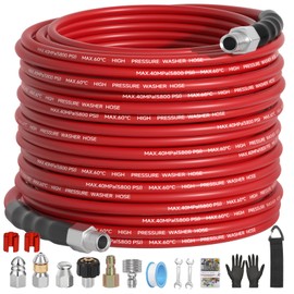 VIVIDWASH 100FT Sewer Jetter Kit for Pressure Washer 5800PSI,1/4" NPT Drain Jetter Hose with 1/4" Quick Plug，3 Sewer Jet Nozzles，Spanners Teflon Tape Gloves and Spray Nozzle for Cleaning