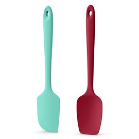 Doosu Silicone Scraper Spoon Spatulas, 600°F Heat Resistant BPA Free Rubber Flat Spatula, Kitchen Mixing Stirring Cooking Spoonula, Non-Stick Dishwasher Safe Baking Supplies (2 Pcs, Aqua+Red)
