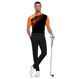 JACKETOWN Mens Polo Shirts Short Sleeve Print Dry Fit Performance Moisture Wicking Casual Collared Golf Shirts Black and Orange