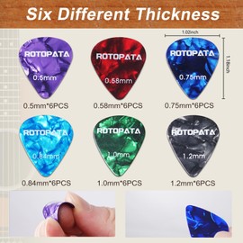 48 Pack Celluloid Guitar Picks with Organizer Storage Box, 6 Different Thin Medium Heavy Thickness & Variety Colorful Plectrums for Bass Electric Acoustic Ukulele Banjo