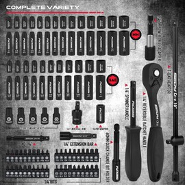 105-Piece 1/4" Drive Impact Socket Set, SAE 5/32"-9/16" & Metric 4-15mm, CR-V Steel Mechanics Tool Set with Ratchet Wrench, Adapters, Universal Joint, Screwdriver Bits, Bit Holder, Extension Bar