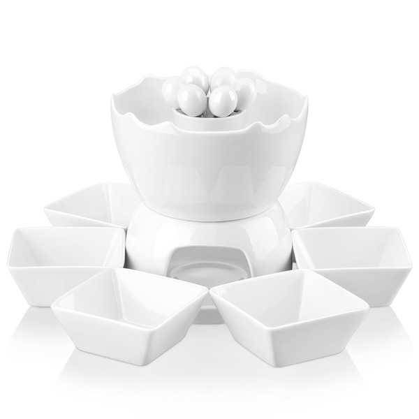 MALACASA Fondue Pot Set Two-layer Porcelain Tealight Chocolate Fondue with Dipping Bowls and Forks for 6, Cheese Fondue or Butter Fondue Set, White