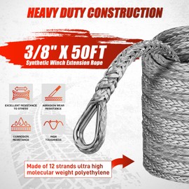 Nilight Synthetic Winch Rope Extension 3/8 Inch x 50 Feet 25,000 Lbs ATV Winch Extension Cable Replacement Tow Ropes Line for Off Road Vehicle Polaris ATV UTV Truck SUV Jeep, Grey