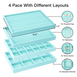 UIUIX Stackable Velvet Jewelry Trays Organizer for Drawer, Velvet Jewelry Storage Display Trays, Earring Necklace Bracelet Ring Organizer, Set of 4 (Blue)