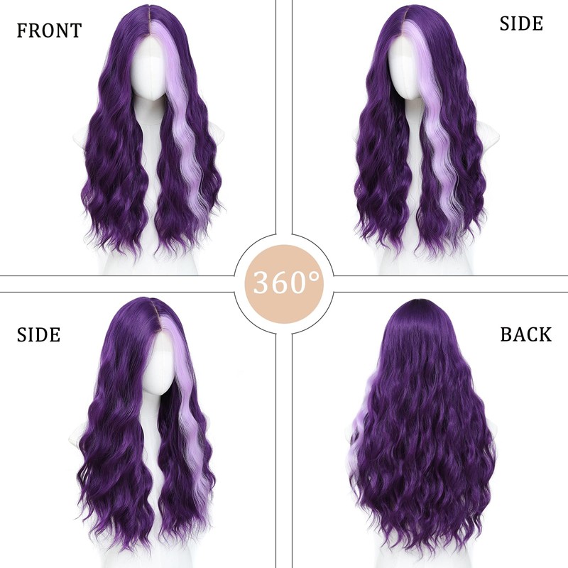 Dark Purple Highlight Wig Long Wavy 26 Inch Middle Part