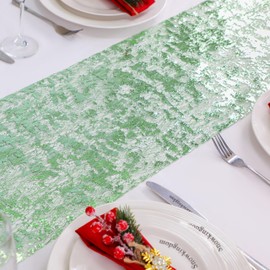 Snowkingdom Sage Green Table Runner, Sequin Glitter Foil Metallic Sage Green Mesh Spring Table Runner 11inch x 240inch,Table Decorations for Party Wedding Bridal Birthday Shower Christmas