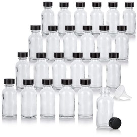JUVITUS 1 oz / 30 ml Clear Glass Boston Round Bottle with Airtight Phenolic Cap (24 pack) + Funnel