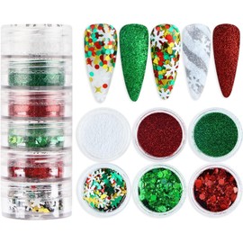Christmas Nail Art Glitters Sequins, Winter Red Green Nail Art Flakes 3D Holographic White Snowflake Nail Decals Sparkly Christmas Nail Art Designs Winter Nail Art Decorations Accessories for Women