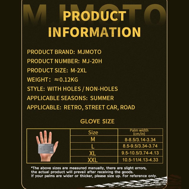 mjmoto Motorcycle Gloves Goat Leather Fingerless Vintage Perforated Black (Black,