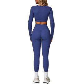 2 Piece Workout Sets for Women Seamless High Waist Leggings Yoga Long Sleeve Cutout Crop Tops Athletic Gym Sets
