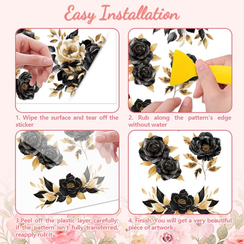 Peacoblue Black Gold Flowers Rub On Transfers for Furniture Craft