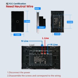 LOUYSGEN Smart Light Switch 3 Way Need Neutral Wire,Aluminum Frame 2.5D Glass Panel,No Hub Required,2.4GHz WiFi Switch APP Control Timer Schedule Work with Tuya/Smart Life,Alexa,Black 1 Gang