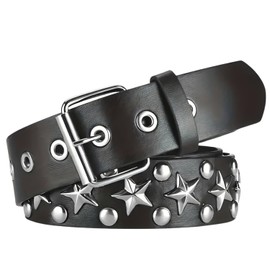 Ulekuke Metal Punk Rock Rivet Studded Belt for Women Men, Gothic Belt with Bright Pyramid Studs, Black-star-1, One Size