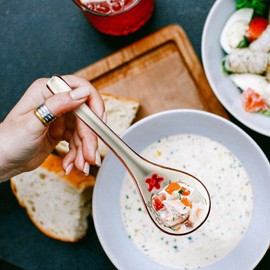 Nudiuhis 4 Pieces Asian Retro Chinese Ceramic Rice Spoons Curved Handle Ramen Soup Spoon Painted Flower Spoons with Long Handle