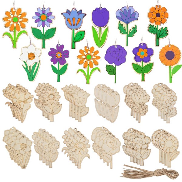 Mulaibdin 48 Pcs Wood Flower Crafts, DIY Blank Unfinished Wooden