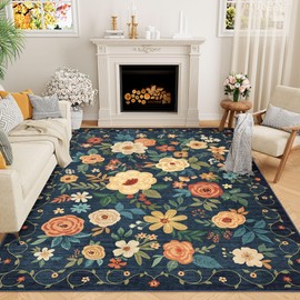 DUKINO 8x10 Area Rug, Floral Rugs for Living Room, Lightweight Non Slip Washable Rug, Indoor Low Pile & Non-Shedding Boho Design Rugs for Bedroom, Living Room, Dining Room, Dark Blue