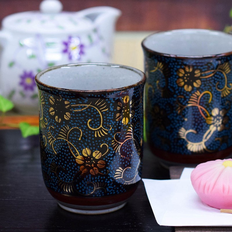 Pair of Tea Cups, Stylish Kutani Ware Couples Teacup Blue