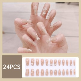 CATKIN 24PCS Long False Nails with Glue Stickers, Press on Nails no Glue for Women Girls Medium Square Decoration Fake Nails