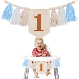 1st Birthday High Chair Banner, First Birthday High Chair Banner One Highchair Banner Wood Bead Highchair Tassel Banner Boho Style Birthday Photo Backdrop Wall Hangings for Kids Birthday Decoration