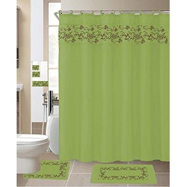 Comfy Deal 18 Pieces Shower Curtain with Matching Fabric Hook, Embroidery Bath Mat,Contour Rug and Towel Set (Sage Green)