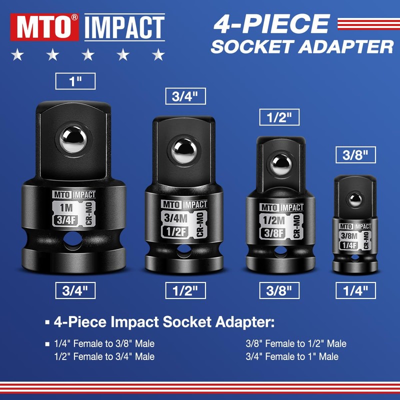 MTO 8-Piece Impact Socket Adapter & Reducer Set, 1/4", 3/8",