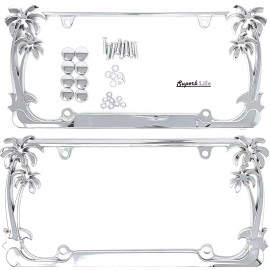 Superb LNF Tropical Palm Tree Chrome Polished License Plate Frame (2 Frames) with Cap