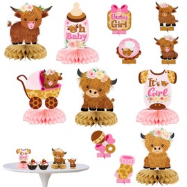 Highland Cow Party Decorations – 6PCS Pink Highland Cow Honeycomb Centerpieces, Durable Cardstock, Easy to Assemble, Ideal for Gender Reveal, Birthdays, and Themed Events