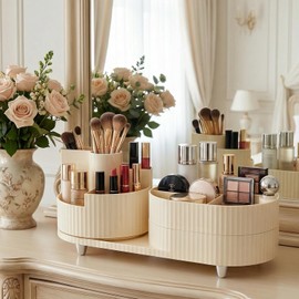Organizador de Maquillaje, Porta Brochas de Maquillaje Giratorio 360°, Organizador Multifuncional de Cosmeticos de 2 Capas, Antideslizante E Impermeab