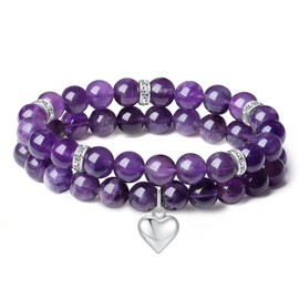 DUQGUHO 2Pcs Heart Bracelet for Women Love Bracelet Amethyst Bracelets 8mm Healing Crystals Bracelet for Women Natural Crystal Stone Stretch Beads Bracelet Gifts for Women