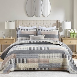 SahSahCasa Quilt King Size, King Quilt Set, 100% Cotton King Quilt Bedding Set Bedspreads, Farmhouse Reversible Patchwork Lightweight Plaid Quilts Bedspread for All Season, Gray/Brown, 3PCs