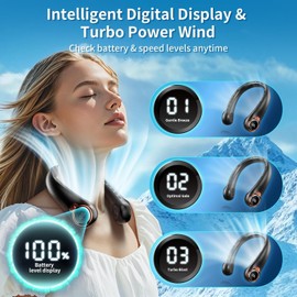 ZHZW Portable Neck Fan with 6000mAh USB - Rechargeable Battery, Ultra-Light Bladeless Neck Fan LED Display, 360° Cooling Wearable Fan, 3 Speeds (Black)