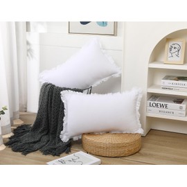 NUYECY Set of 2 Natural Linen Fringed Throw Pillow Covers,White Neutral Decorative Lumbar Pillowcase with Chic Tassel Burlap Boho Cushion Covers for Couch Sofa Farmhouse,12x20 inches