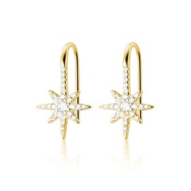 SLUYNZ Solid 925 Sterling Silver Sparkling Star Drop Earrings for Women Teen Girls CZ Star Drop Hook Earrings (B-Gold Plated)