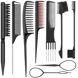 SALONSILK 9Pcs Hair Comb Set Include Boar Bristle Teasing and Slick Back Hairbrush, Rat Tail Comb, Black Carbon Lift Comb, Edge Control Brush, and Topsy Hair Tail Tools for Women & Girls