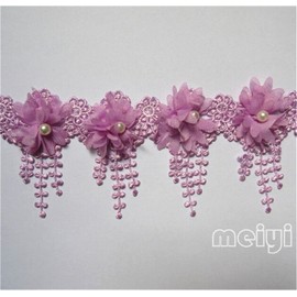 3 Yard 3D Chiffon Flower Pearl Beaded Lace Edge Trim Ribbon 3-1/2" Width Vintage Style 5 Colors Edging Trimmings Fabric Embroidered Applique Sewing Craft Wedding Bridal Dress Party DIY Decor(Purple)