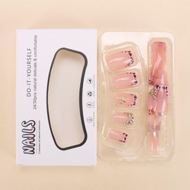 24Pcs Pink Square Press on Nails Short Fake Nails Leopard French Tip False Nails with Golden Rhinestone Bow Design Cute Square Shape Nails Reusable Nails Press ons Glue-Free Nails for Women