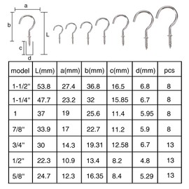 VooGenzek Pack of 71 Hook Screws, Screw-In Ceiling Hooks, Cup Hooks, Screw Hooks, Cup Hooks, 7 Sizes - Silver