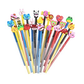 Adorable 30PCS Top Eraser Pencils for Kids' School Supplies,with Assorted Cartoon Color Stripe Erasers Topper (Multicolor30)