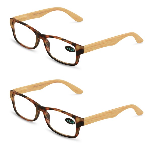 2 pares de anteojos de lectura de madera con diseño de sien impreso, bisagra de resorte, para lectores de hombres y mujeres, 2 Tortoise, M