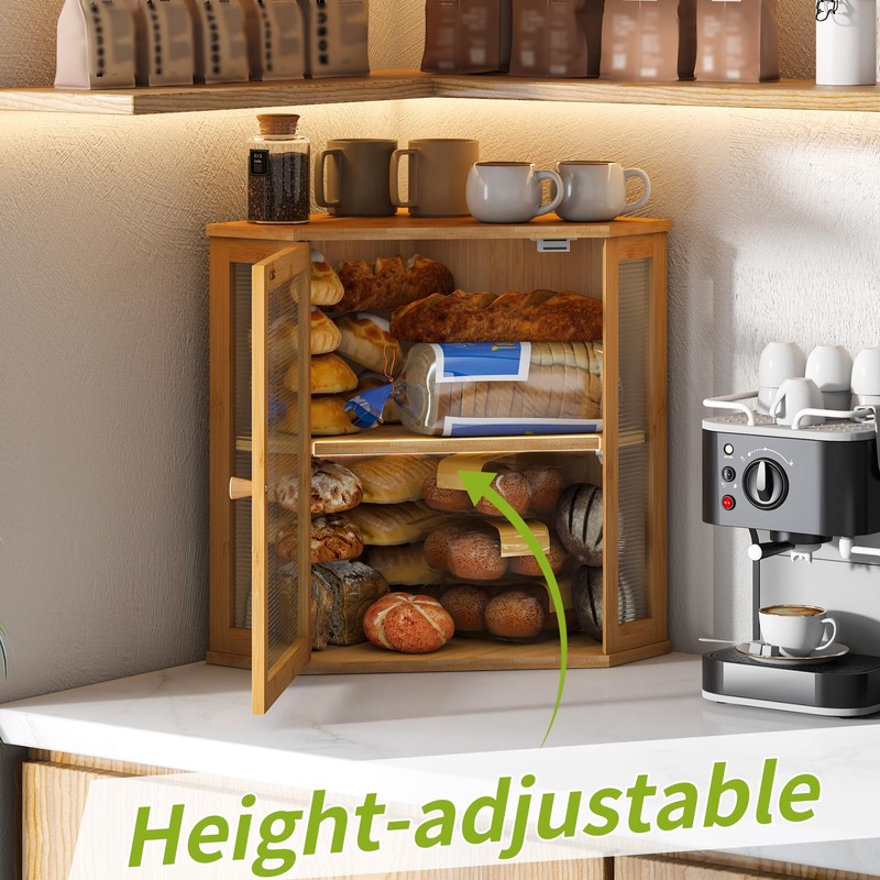 BMOSU Corner Bread Box for Kitchen Countertop Double Layer Bamboo