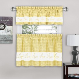 Tier and Valance Window Curtain Set - 58 Inch Width, 24 Inch Length - Live, Love, Laugh (Yellow) - Light Filtering Drapes for Kitchen, Bedroom, Living & Dining Room by Achim Home Decor