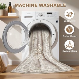 6x9 Area Rugs Living Room: Washable Boho Large Neutral Floral Rug Soft Farmhouse Indoor Floor Vintage Non Slip Carpet for Bedroom Nursery Kids Playroom Dining Room Office Home House- Brown