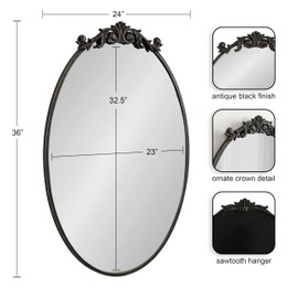 Kate and Laurel Arendahl Traditional Vertical Oval Wall Mirror, 24 x 36, Antique Black, Vintage Glam Baroque-Inspired Round Bathroom Vanity Mirror with Ornate Crown