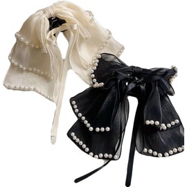 Bow Ribbon Hair Claw Bowknot Sweet Pearl Cute Lady Hairpin (Style1, One size)