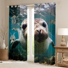 Feelyou 3D Sea Lions Window Curtains for Bedroom Living Room Ocean Themed Blackout Curtains for Kids Boys Girls Cute Sea Animals Window Drapes Treatments Soft Grommet Curtain, 38W X 54L,2 Panels